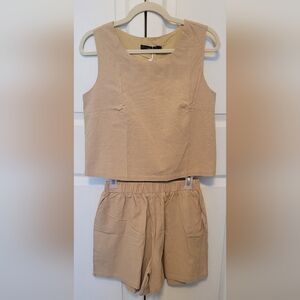 Linen 2 Piece Shorts Set Tan Size Small NEW